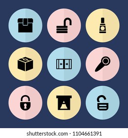 Set of 9 closed filled icons such as opened lock, window, door knob, sliding doors, cream tube, box