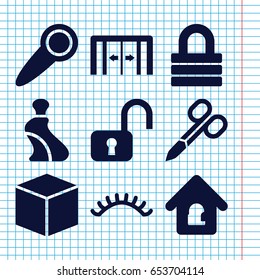 Set of 9 closed filled icons such as sliding doors, manicure scissors, cream tube, eyelashes, lock, lock home, door knob, box