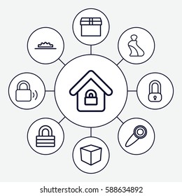 Set of 9 closed outline icons such as cream tube, lock, camera wheel, lock home, door knob