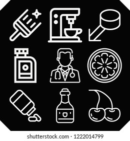 Set of 9 closeup outline icons such as orange, cherries, wiper, drugs, oil, puck, wine, coffee machine