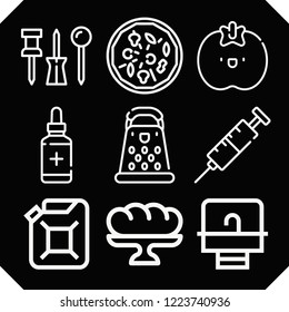 Set of 9 closeup outline icons such as pizza, push pin, car oil, sink, syringe, medicine, tomato, baguette