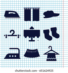 Set of 9 cloth filled icons such as restaurant table, baby socks, hanger, iron, skirt, curtain