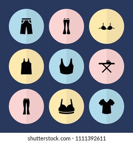 Set of 9 clothes filled icons such as ironing table, sport bra, bra, pants, woman pants, shirt