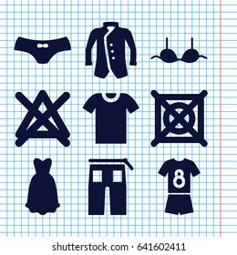 Set of 9 clothes filled icons such as no bleaching, no dry cleaning, female underwear, bra, pants, jacket, dress, football uniform