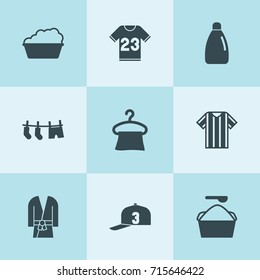 Set of 9 clothes filled icons such as detergent bottle, basin, hanger, drying clothes, washing powder, baseball cap, t shirt