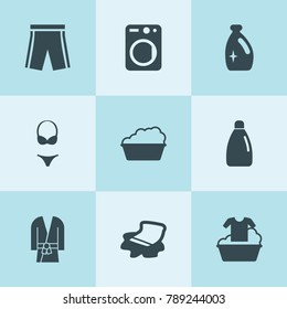 Set of 9 clothes filled icons such as detergent bottle, washer, basin, floor cloth, clothes washing, detergent, kimono, women underwear