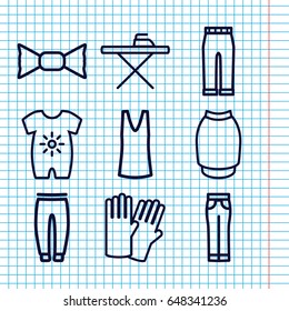 Set of 9 clothing outline icons such as baby onesie, glove, ironing table, singlet, underpants, bow tie, woman pants