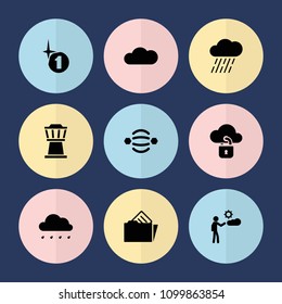 Set of 9 cloud filled icons such as rain, man, document in folder, cloud, atom interaction, airport tower, explosion