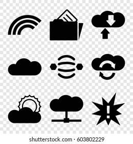 Set of 9 cloud filled icons such as sun, document in folder, cloud, rainbow, exclamation