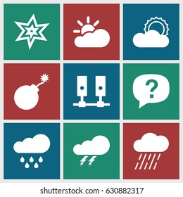 set of 9 cloud filled icons such as thunder, explosion, rain, sun, sun cloud, exclamation