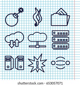 Set of 9 cloud outline icons such as explosion, document in folder, smoke, download upload cloud, server, exclamation, atom interaction