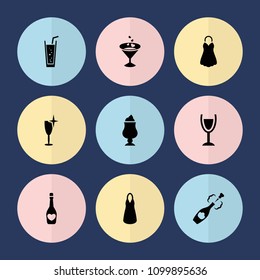 Set of 9 cocktail filled icons such as clean wine glass, dress, soda, champagne, milkshake, champagne bottle with heart, cocktail