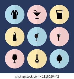 Set of 9 cocktail filled icons such as cocktail, clean wine glass, dress, milkshake, champagne bottle with heart