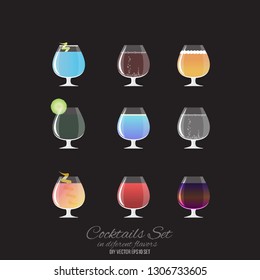 Set of 9 cocktails in Cognac glass, vector illustration for web and print 
