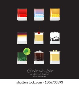 Set of 9 cocktails in Juice glass, colorful set , vector illustration for web and print for drink menu 