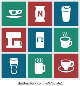 set of 9 coffee filled icons such as vending machine, drink, bag with ground, cup with heart, cup