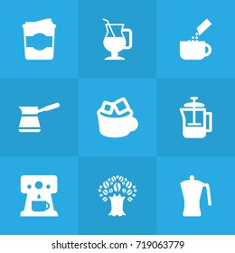 Set Of 9 Coffee Icons Set.Collection Of Package Latte, Mocha, Plastic Cup And Other Elements.