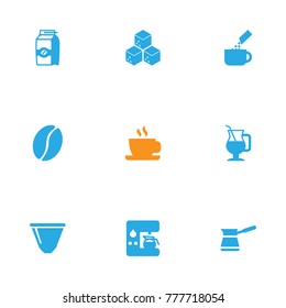 Set Of 9 Coffee Icons Set.Collection Of Ibrik, Package Latte, Arabica Bean And Other Elements.