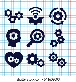 Set of 9 cog filled icons such as gear heart