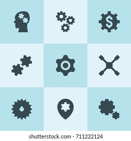 Set of 9 cog filled icons such as gear, dollar sign in gear