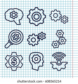 Set of 9 cog outline icons such as gear in head