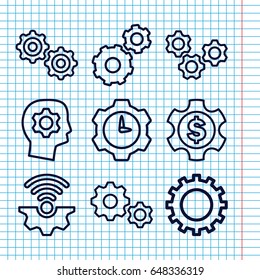 Set of 9 cog outline icons such as gear