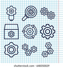Set of 9 cog outline icons such as gear, gear keyhole
