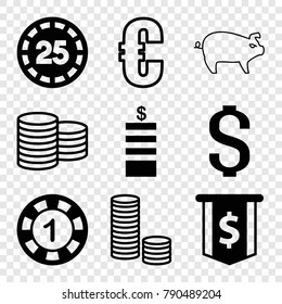 Set of 9 coin filled and outline icons such as coin, 1 casino chip, dollar sign, euro, coin, 25 casino chip