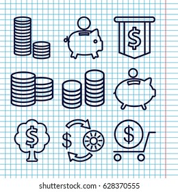 Set of 9 coin outline icons such as Coin, Casino chip and money, dollar, coin, piggy bank, money tree