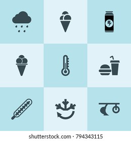 Set of 9 cold filled icons such as plow, thermometer, air conditioning, ice cream, energy drink, fast food