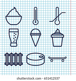 Set of 9 cold outline icons such as ice cream, ice cream in can, milkshake, thermometer, soda, radiator, hockey puck