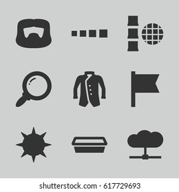 set of 9 collection filled icons such as man hairstyle, jacket, pot for plants, sun, search, cloud, flag, internet