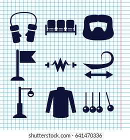 Set of 9 collection filled icons such as sofa, curly hair, man hairstyle, sweater, mittens, street lamp, flag, electricity