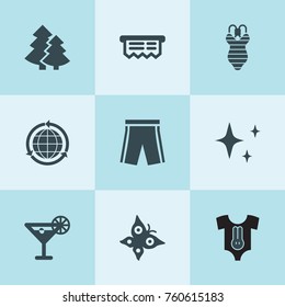 Set of 9 collection filled icons such as shine, baby clothing, globe, receipt, swimwear, cocktail, butterfly, tree