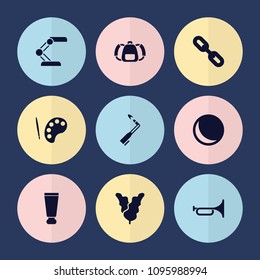 Set of 9 color filled icons such as cream tube, sphere, palette, link, spinach, backpack, blowtorch, trumpet