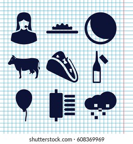 Set of 9 color filled icons such as cow, baloon, taco, ampoule, customer support, camera wheel, defragmentation, sphere
