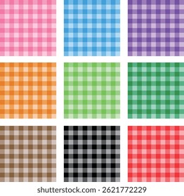 A set of 9 color gingham check seamless pattern illustrations. A wide variety of colors including pink, blue, purple, orange, light green, green, brown, black, and red.