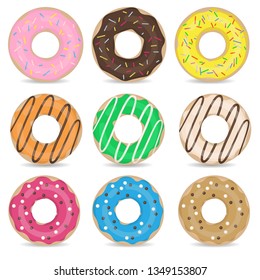 Set of 9 color hand drawn donuts. Vector.