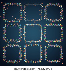 Set of 9 color square garland lights. Glowing christmas lights on dark blue background. Vector seamless square objects. Includes 10 vector brushes festive strands of Christmas lights