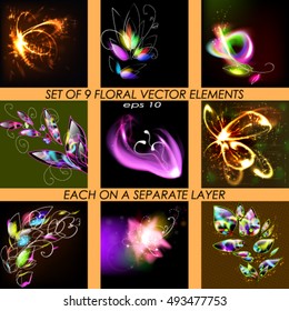 Set of 9 colored festive floral vector elements.
Each on a separate layer.