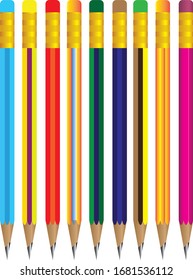 Set of 9 colored pencils. Realistic colorful painting pencils vector illustration