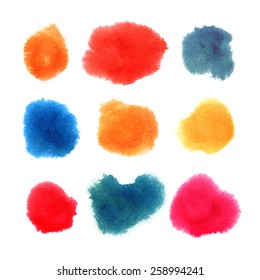 Set of 9 colorful blurs painted in watercolor. Vector template for your design.