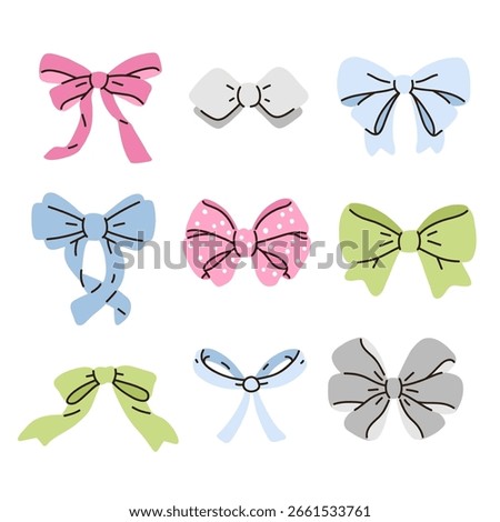 Set of 9 colorful bows in flat cartoon style. Simple retro-inspired ribbon elements for kids design, packaging, scrap-booking, celebration decor or digital stickers.