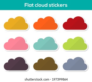 Set of 9 colorful cloud stickers in flat design style