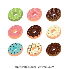 Set of 9 colorful glazed donuts with various toppings and sprinkles. Cute flat vector icons for bakery menus, dessert shop branding, and sweet food celebration designs.
