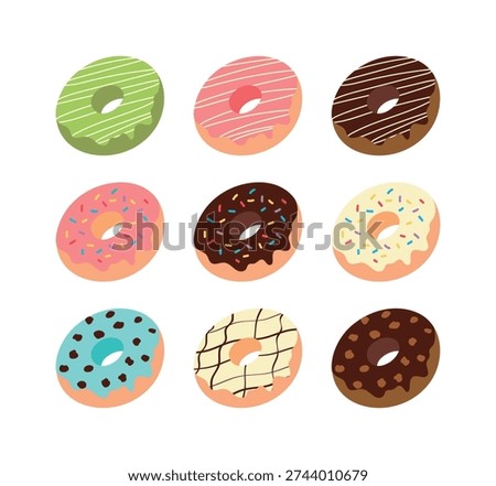 Set of 9 colorful glazed donuts with various toppings and sprinkles. Cute flat vector icons for bakery menus, dessert shop branding, and sweet food celebration designs.
