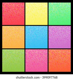 Set of 9 colorful halftone backgrounds in pop art comics style, vector. Bright halftone dots pattern for your design.