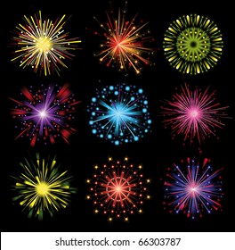 set of 9 colorful highly detailed fireworks