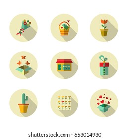 Set of 9 colorful icons in flat style with shadows. Useful for any business with flowers and gifts