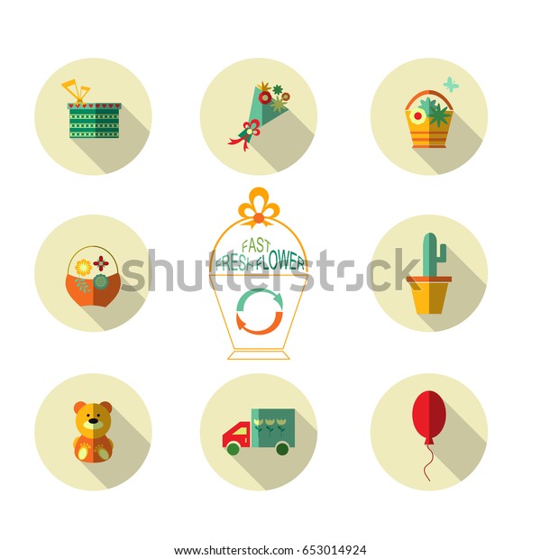 Set of 9 colorful icons\
in flat style with shadows. Useful for any business with flowers\
and gifts